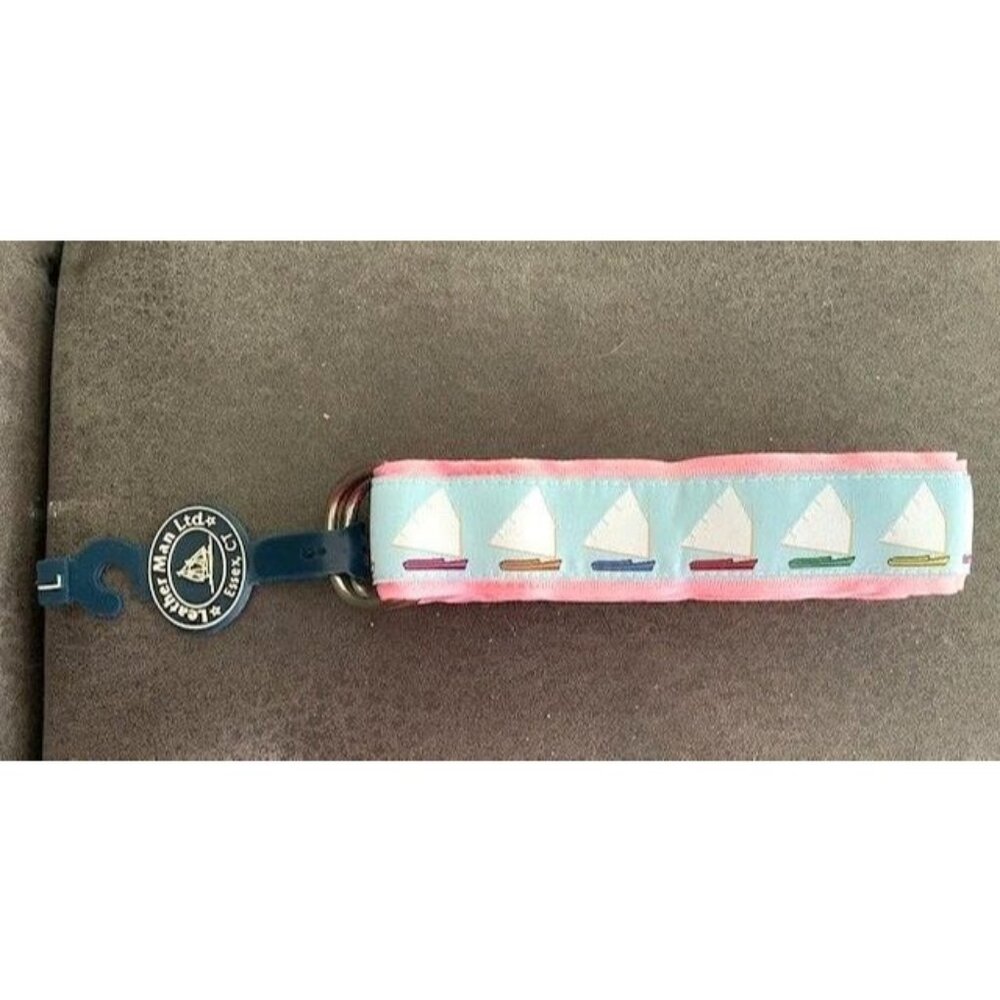 Men's Belt Leather Man Ltd DRing Cotton & Ribbon Size L 45"  Blue Pink Sailboats